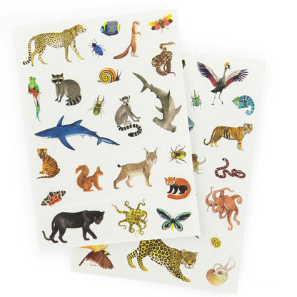 Sheet of animal tattoo stickers with various animals on a white background