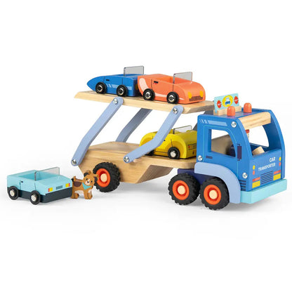Toy car carrier truck with multiple cars on a white background