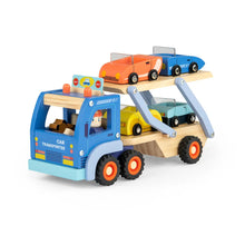 Wooden toy car transporter with multiple cars on a white background