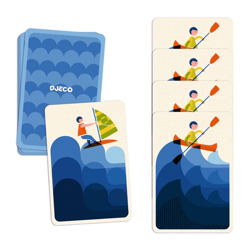 Set of playing cards with water-themed illustrations and Djeco branding.