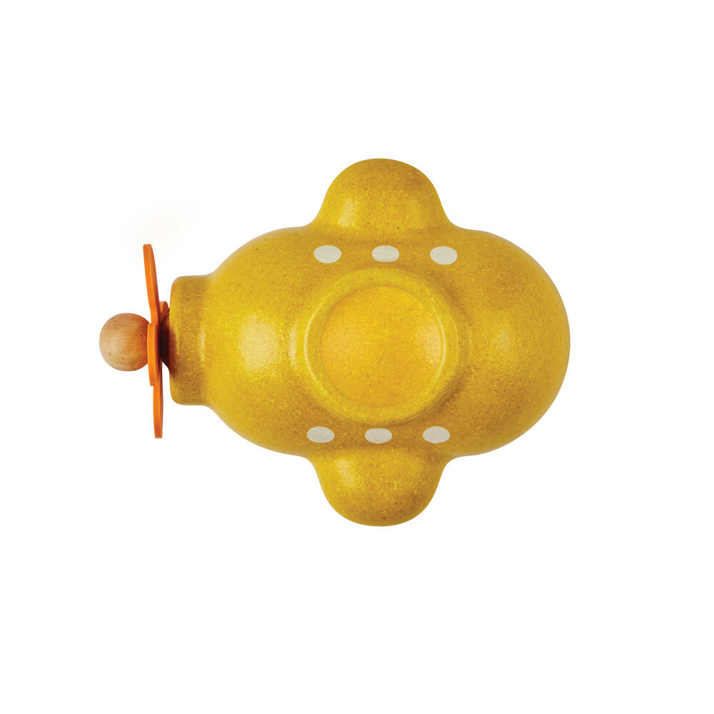 Yellow wooden submarine bath toy with orange rubber propeller,  Plantoy brand