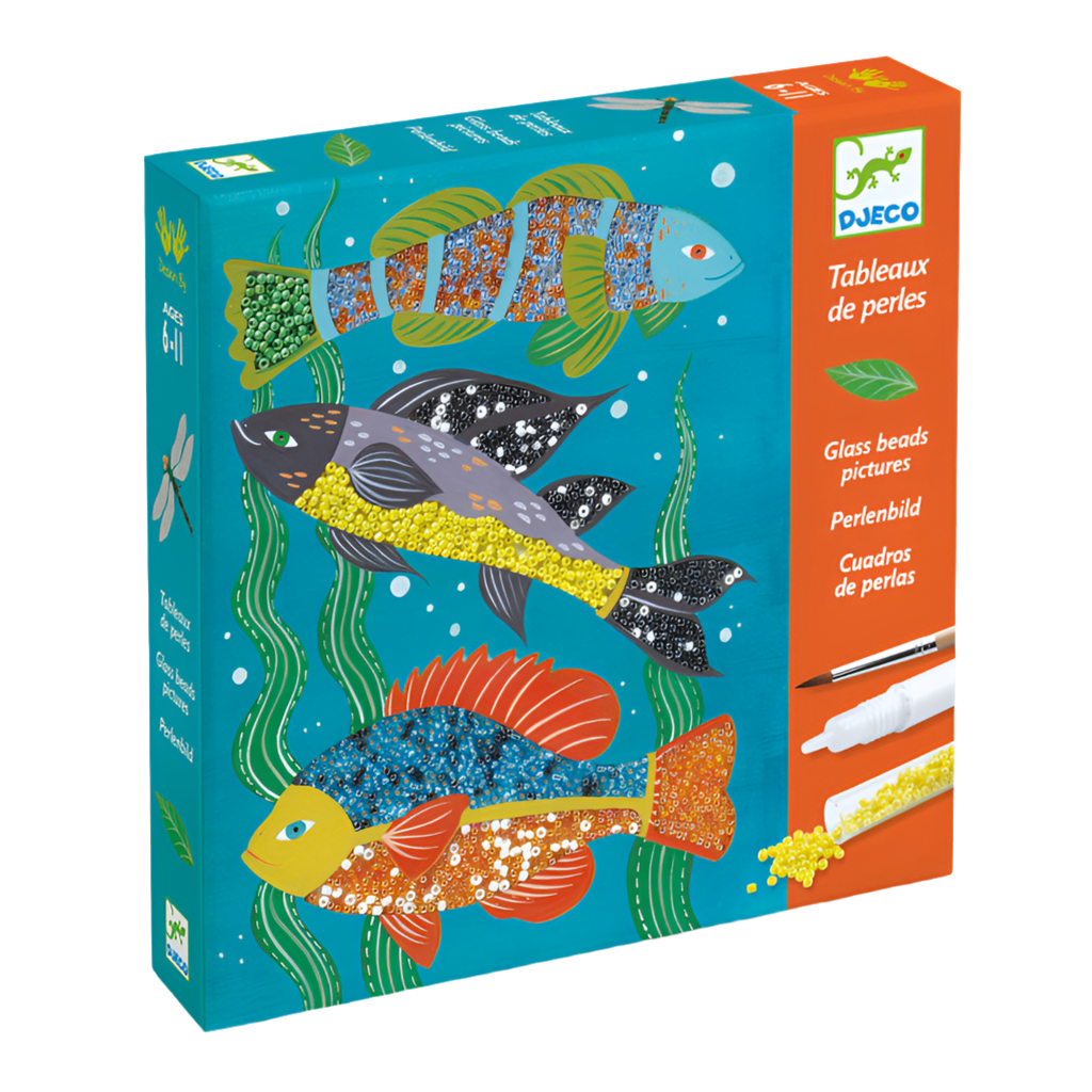 A box of Zoology Glass Bead Craft featuring colorful illustrations of fish and beads, intended for art and craft activities.