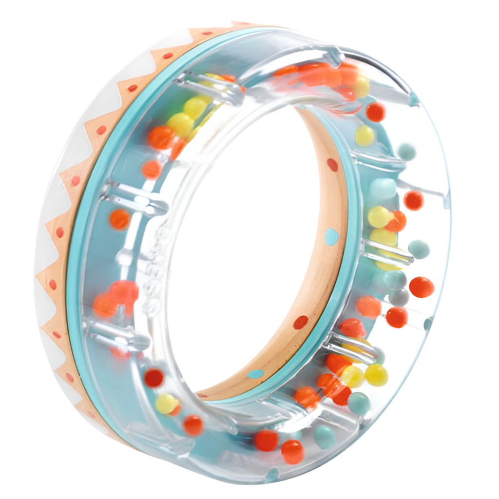 A translucent baby rattle ring with multicolored beads and a wooden structure, designed to make a calming rain sound when shaken.