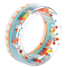 A translucent baby rattle ring with multicolored beads and a wooden structure, designed to make a calming rain sound when shaken.