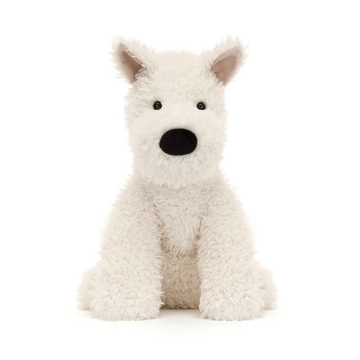 A plush toy made by Jellycat  resembling a white Scottie dog with a black nose and ears, sitting upright.