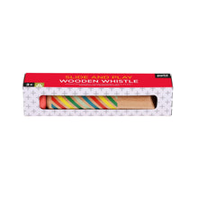 A wooden slide whistle with a colorful geometric pattern on the side. Whistle is packed in a cardboard retail box printed with the words Slide and Play Wooden Whistle.