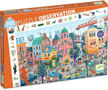Puzzle box with colorful cityscape illustration and 'Djeco' branding