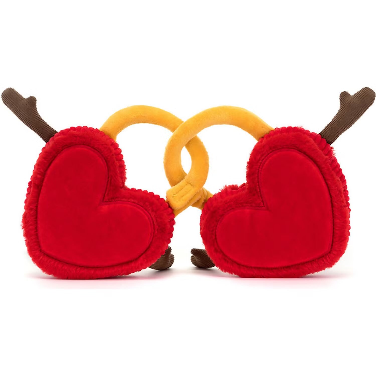 Two plush toy hearts in red with yellow accents, connected by two golden rings to represent padlocks.