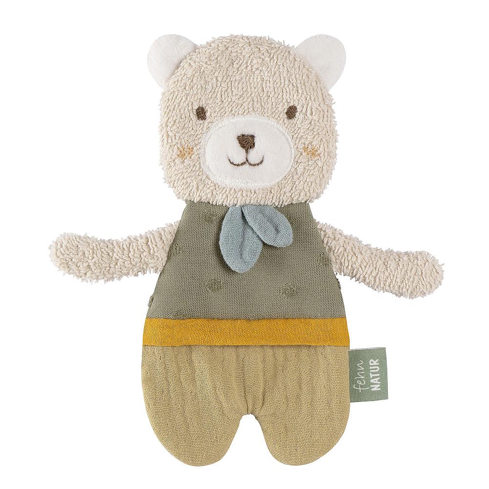 A beige plush bear toy with a blue bow tie and a yellow-brown outfit, designed for babies and toddlers.
