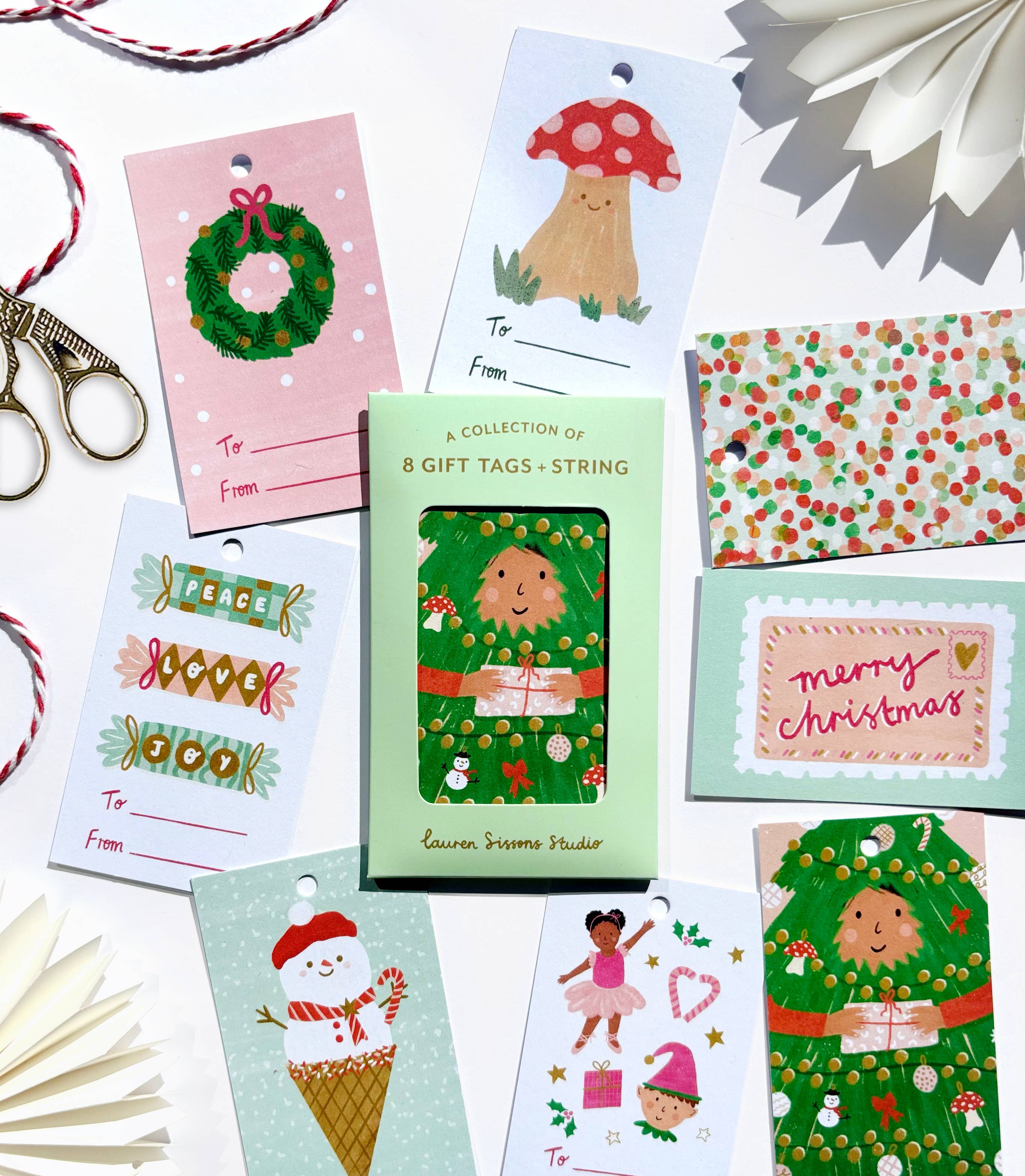 8 Holiday Christmas Tags + String 