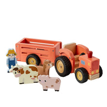 A wooden farm truck set with a red tractor, trailer, and animal figures including a cow and a pig. A friendly farmer figure is also included.