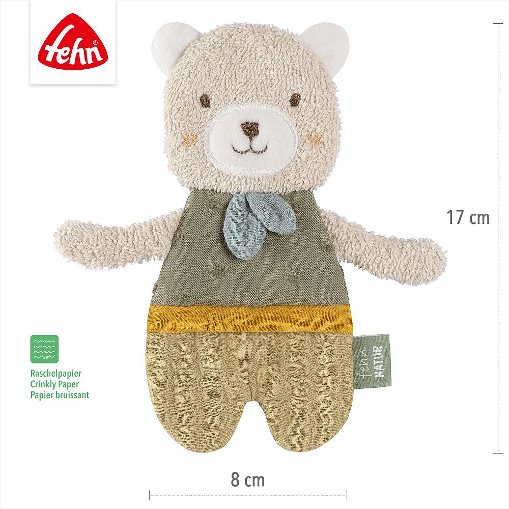A beige plush bear toy with a blue bow tie and a yellow-brown outfit, designed for babies and toddlers. Measurements are printed on a white background.