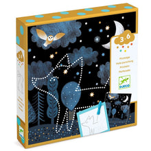 A packaged craft set depicting a night sky with stars and an owl, labeled for ages 3-6, involving punching holes in paper to reveal an image.