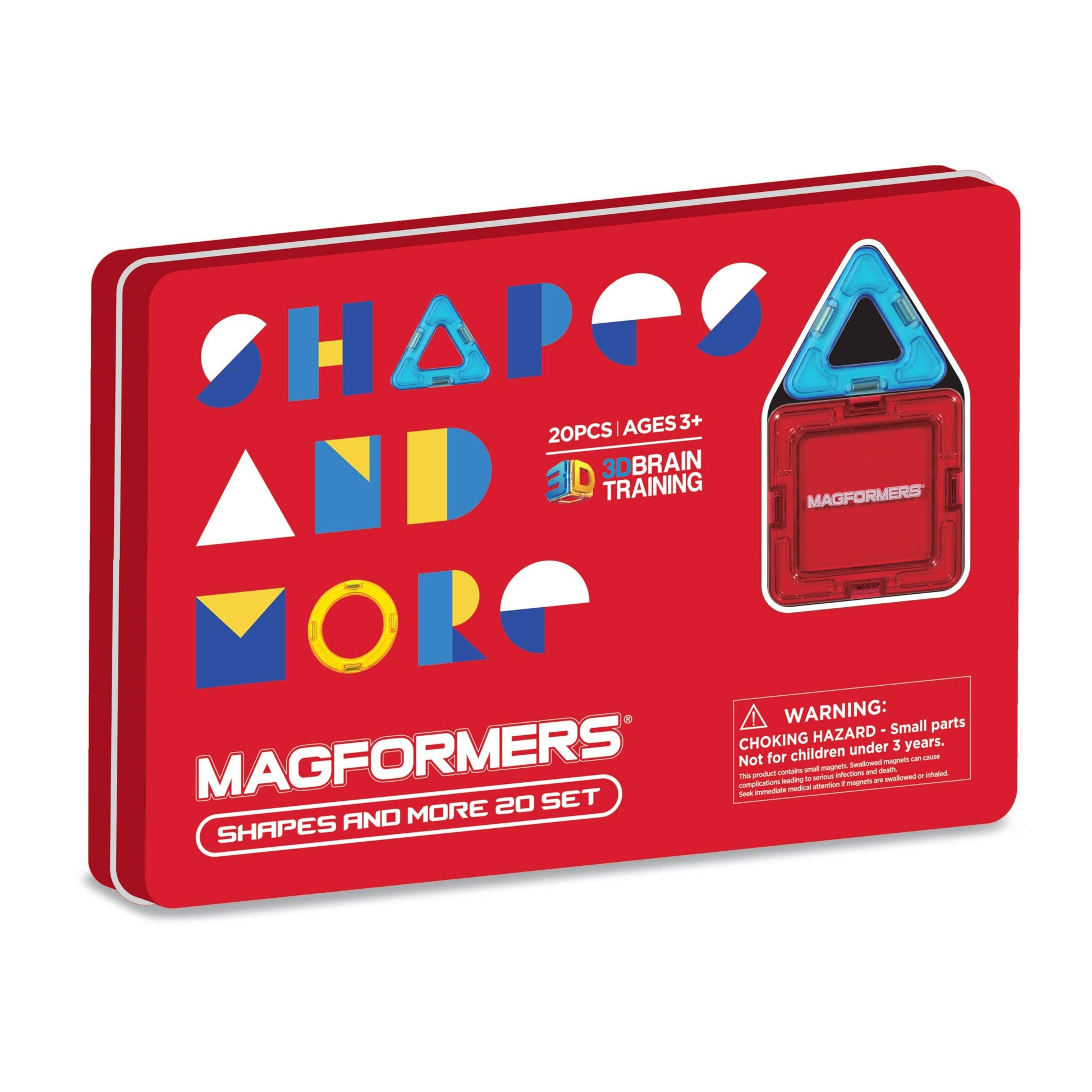 A red Magformers Shapes and More 20-piece set tin case with multicolored shapes inside.