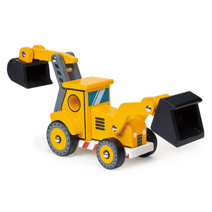 Yellow backhoe wooden digger vehicle with black scoops