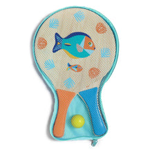 A set of wooden paddle bats with fish illustrations and yellow ball, packed in a light blue mesh bag with zipper.