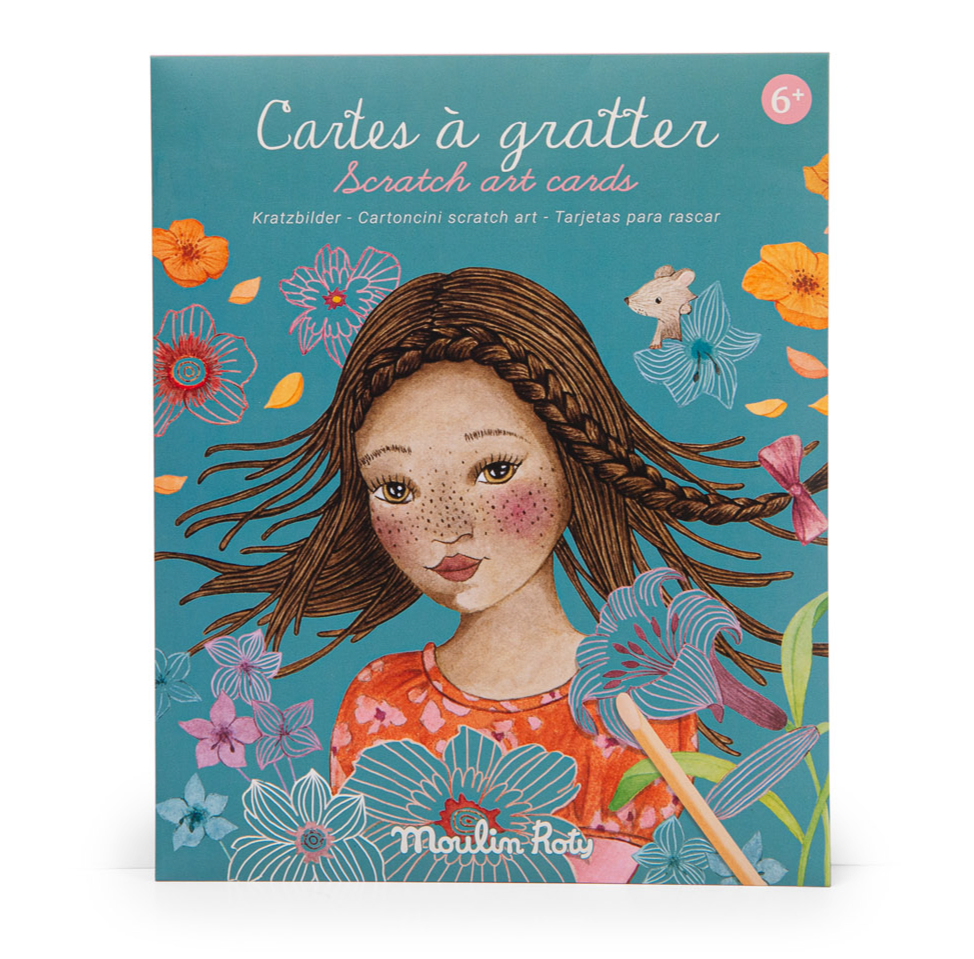 Packaging of Les Rosalies Scratch Cards featuring illustrated art with a girl and floral elements, indicating a craft activity for children.