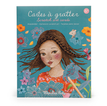 Packaging of Les Rosalies Scratch Cards featuring illustrated art with a girl and floral elements, indicating a craft activity for children.