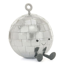 A plush toy resembling a disco ball with silver patches, a grey suedette hanger, and a friendly smiling face with sparkly jersey dancing boots.