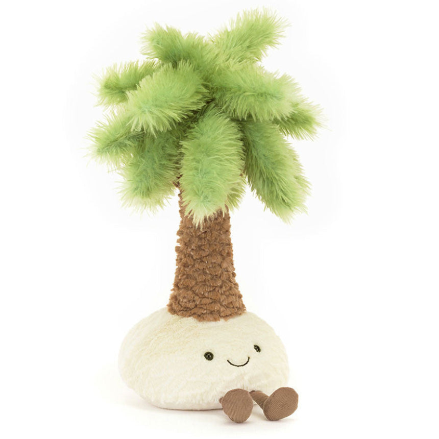 Plush palm tree toy with a smiling face on a white background