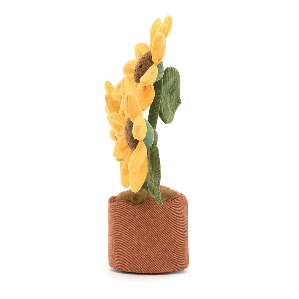 Jellycat Amuseables Potted Sunflower plush toy featuring a cheerful sunflower with embroidered face in a fabric pot