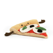 A plush toy in the shape of a slice of pizza with a smiling face, black olive eyes, and a soft two-tone crust.