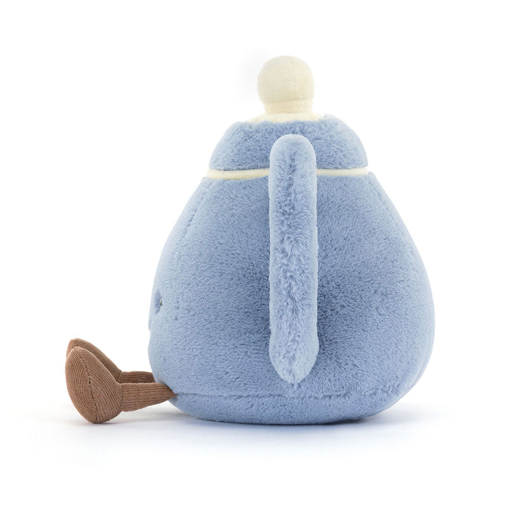 A cornflower blue soft toy representing a teapot with cream knob on the lid and brown cordy legs.
