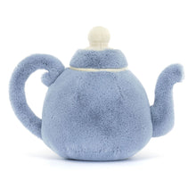 A cornflower blue soft toy representing a teapot with cream knob on the lid.