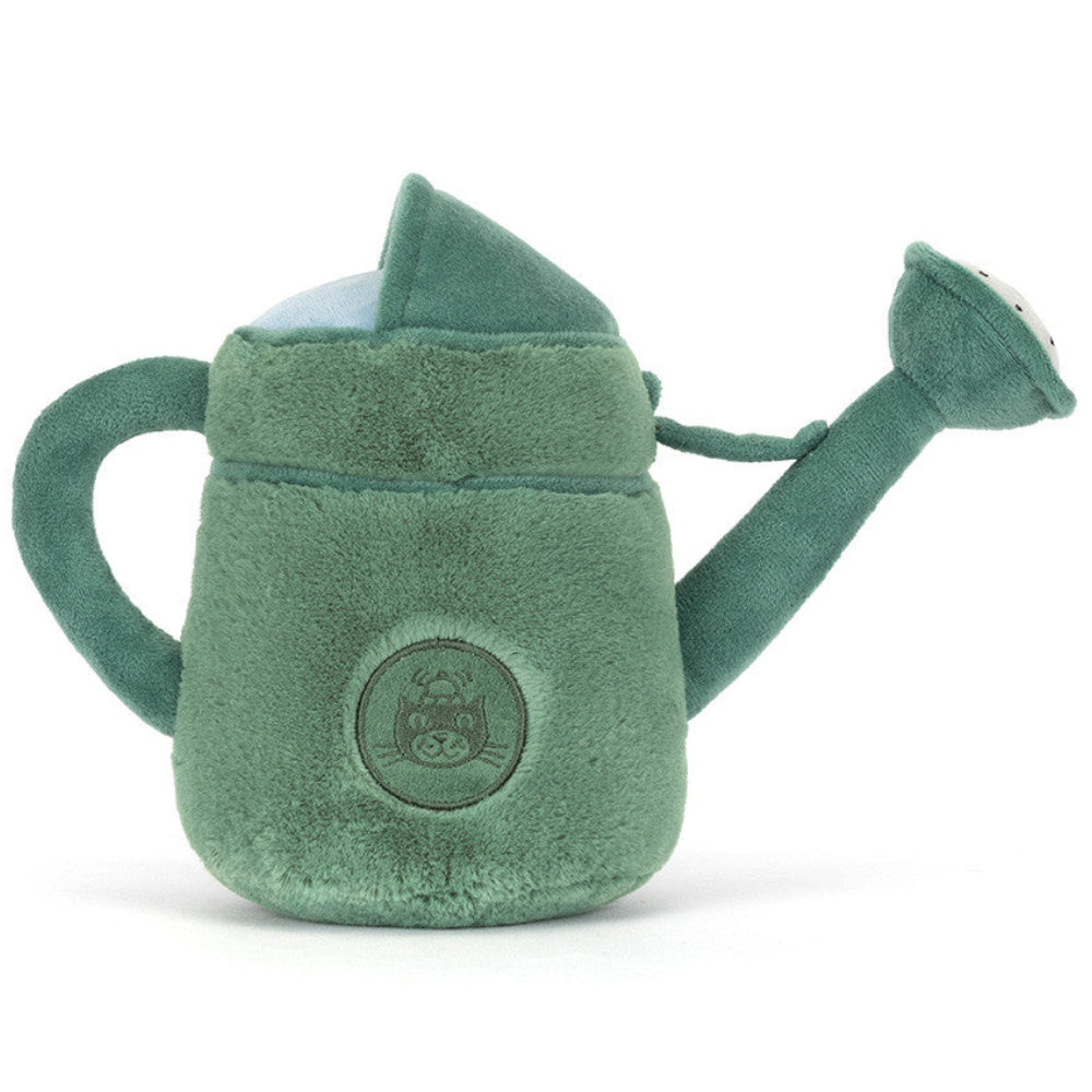 Green plush watering can toy on a white background with an embroidered Jellycat logo