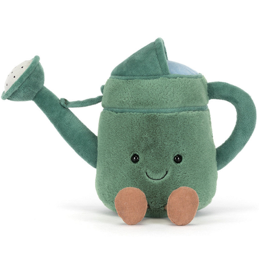 Jellycat green watering can plush toy  with a smiling face on a white background