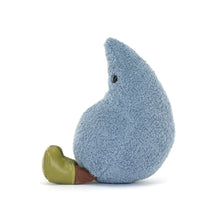 Blue soft toy representing a raindrop, wearing green boots, on a white background