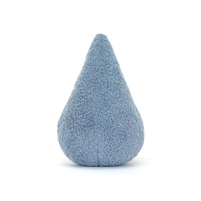 Blue soft toy representing a raindrop on a white background