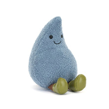 Blue soft toy representing a raindrop, with smiling face and wearing green boots