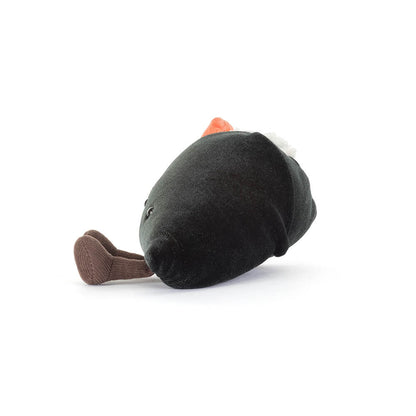 DArk green Jellycat  plush toy resembling sushi with brown legs on a white background