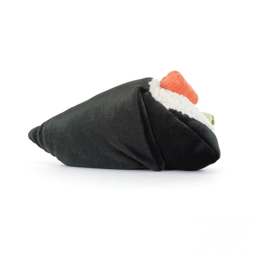 dark green Jellycat fabric soft  toy shaped like a roll of sushi with orange and white details on a white background