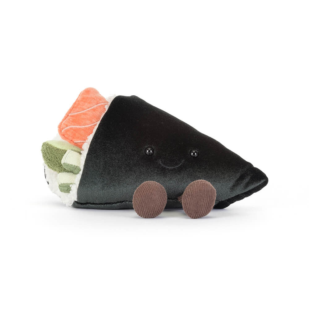 Jellycat Plush toy resembling a sushi roll with black rice, pink salmon, and green wasabi on a white background.