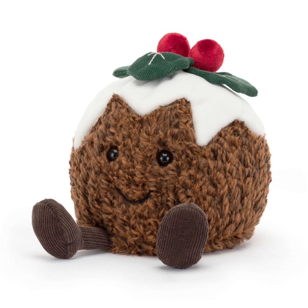 Brown christmas pudding Jellycat soft toy with green holly sprigs, red berries and running custard. Jellycat toys at Send A Toy