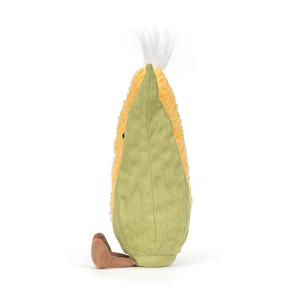 Jellycat soft toy resembling a sweetcorn with cute brown legs on a white background