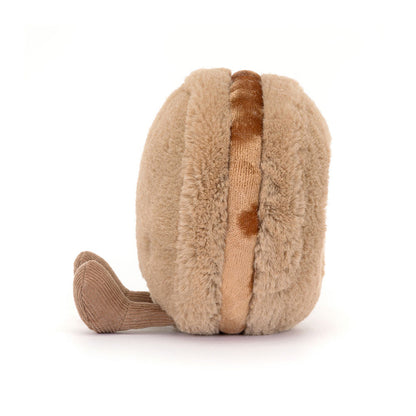 Jellycat Plush toy resembling a chocolate macaron with a brown filling on a white background