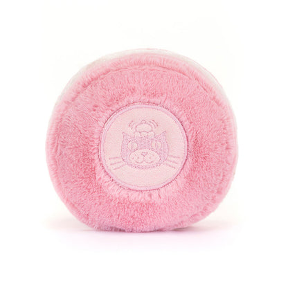 Pink plush ball with a Jellycat logo on a white background