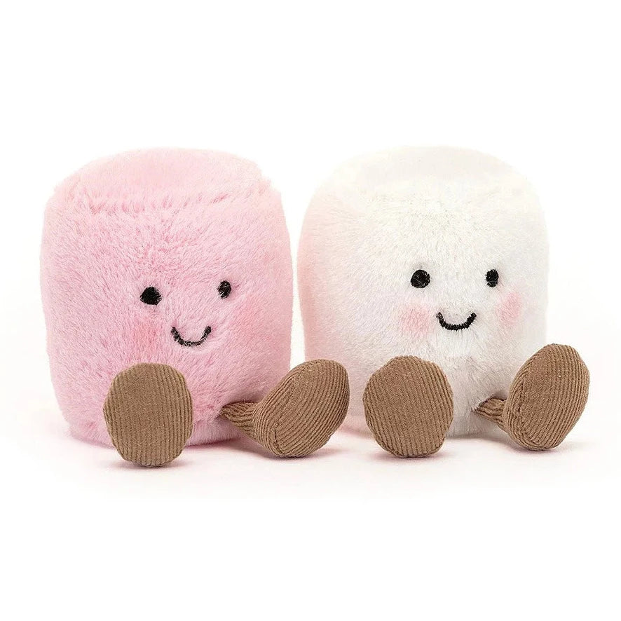 Jellycat pink and white Amuseable Marshmallows soft toys with smiling face and brown corduroy legs - Send A Toy