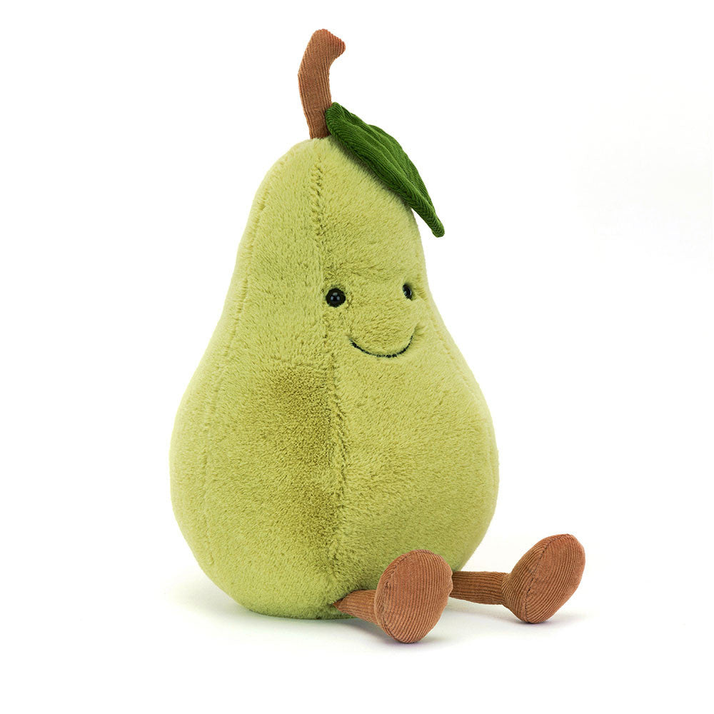 Jellycat green pear shaped shoft toy with brown legs and stalk and  dark green leaf