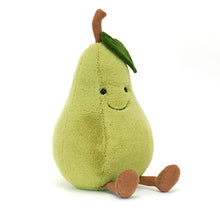 Jellycat green pear shaped shoft toy with brown legs and stalk and  dark green leaf