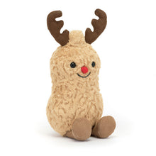 A beige plush toy resembling a reindeer with a red nose and brown antlers, designed in a textured fabric.