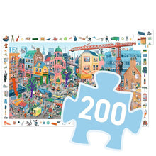 Jigsaw puzzle with a colorful cityscape design and a piece showing '200' pieces.