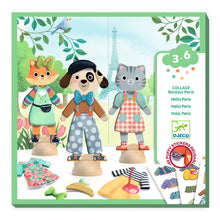 Packaging for 'Bonjour Paris Collage Set' featuring illustrations of three wooden toy characters dressed in colorful outfits against a Paris-themed backdrop, indicating a do-it-yourself sticker and clothing application activity for children.