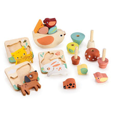 Set of wooden toys with animal shapes and colorful elements on a white background