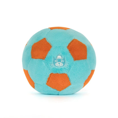 Plush toy resembling a soccer ball with orange panels and an embroidered Jellycat logo on a white background
