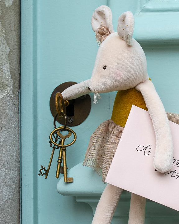 Stuffed mouse toy with a key and a letter on a light blue door