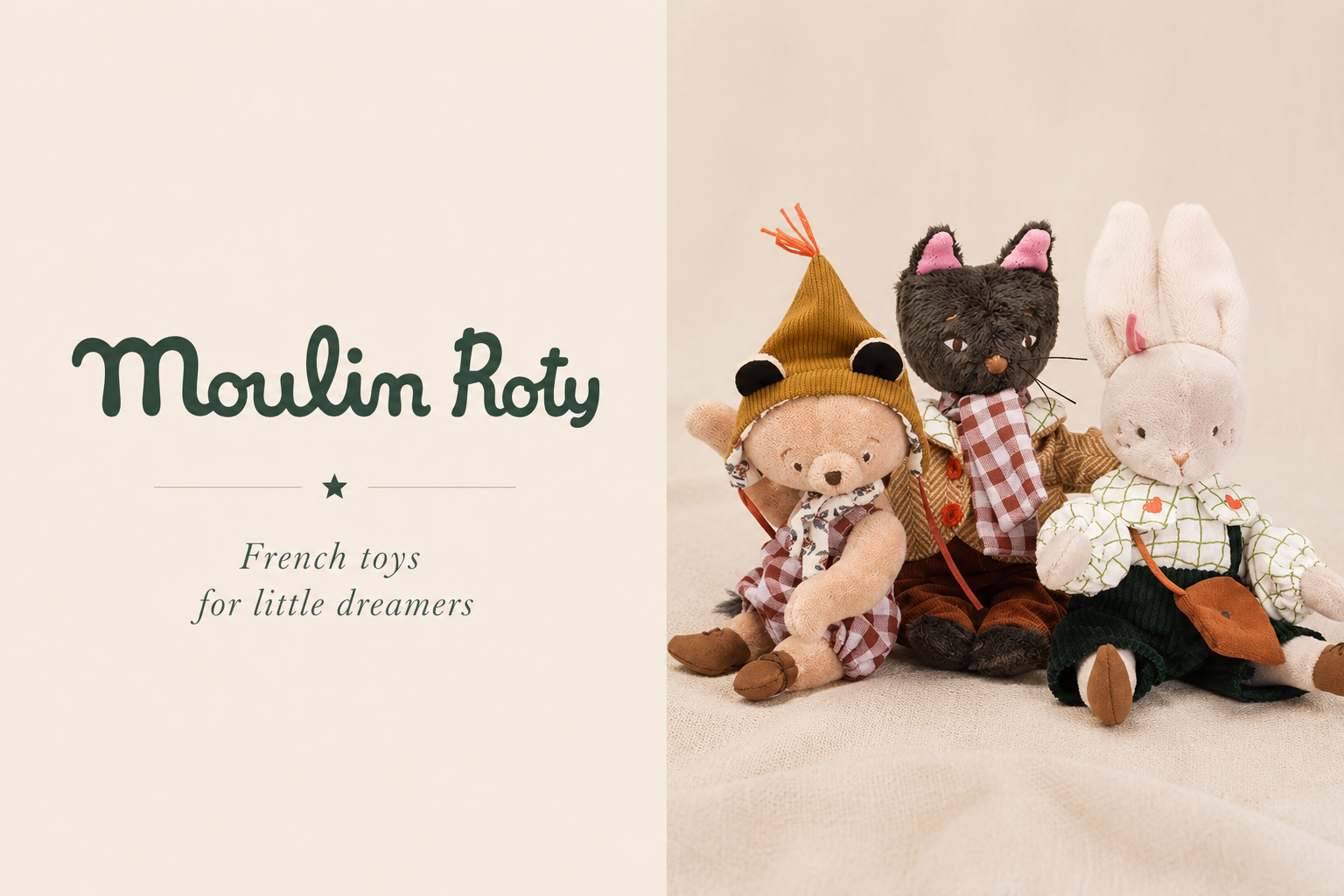 Three plush toys, including a bear, cat, and rabbit, sitting together with 'Moulin Roty' branding on a light background.